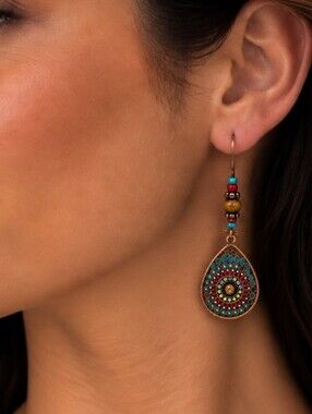 💎 Boho Teardrop Earrings Turquoise Red Beaded Antique Copper Dangle Drop